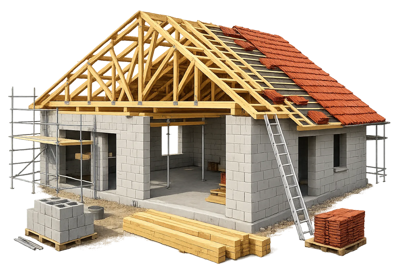 photo 3d d'une maison en construction, charpente, couverture île de Ré